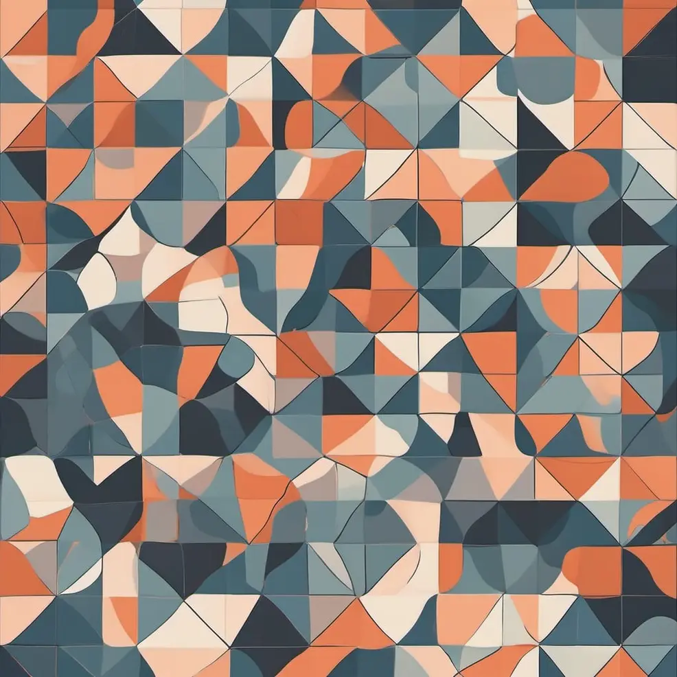A flat surface is covered with a repeating pattern of orange, blue-grey, and cream triangles arranged in a geometric mosaic