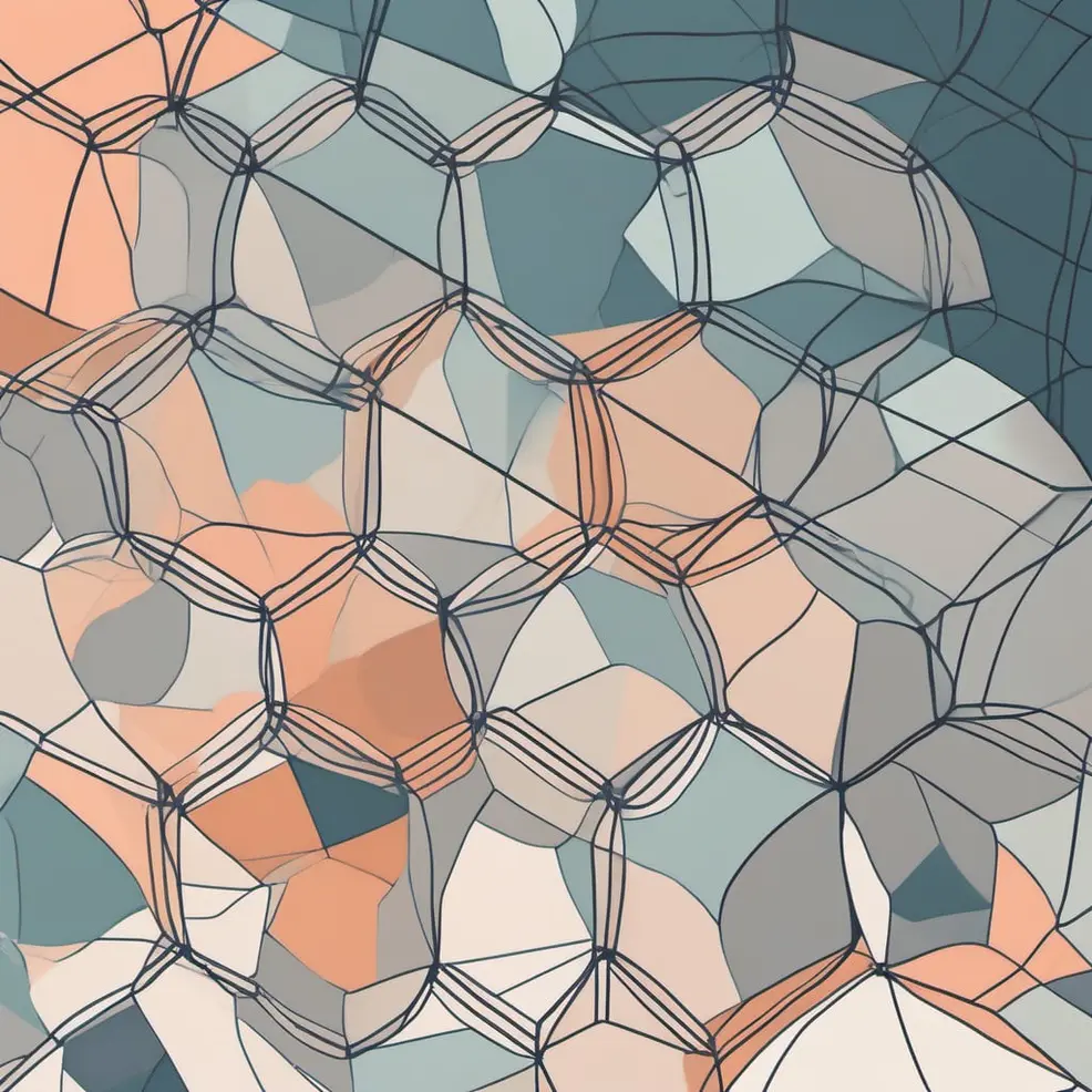 A geometric pattern of interconnected hexagons in shades of blue, orange, gray, and white with dark outlines