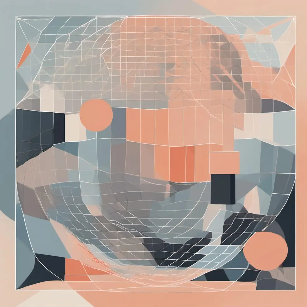 A fragmented face covered in a wireframe grid sits against a background of muted blues, grays, and peach tones with circular shapes