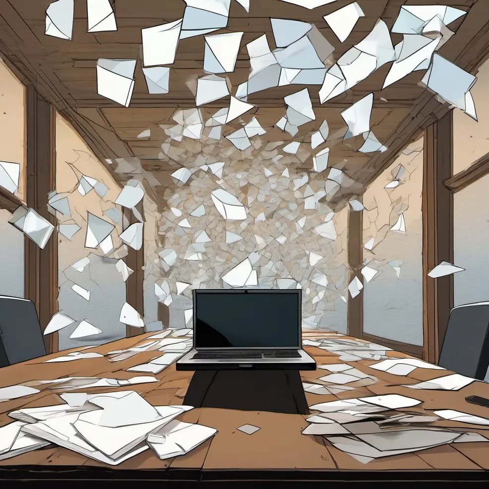 A wooden office room filled with falling white papers surrounds a laptop on a desk in muted brown and grey tones